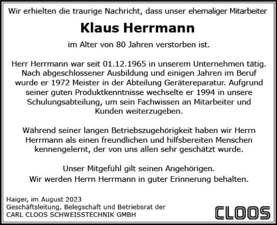 Traueranzeige von Klaus Herrmann von Dill Block