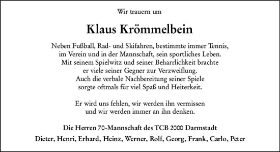 Traueranzeige von Klaus Krömmelbein von Darmstädter Echo