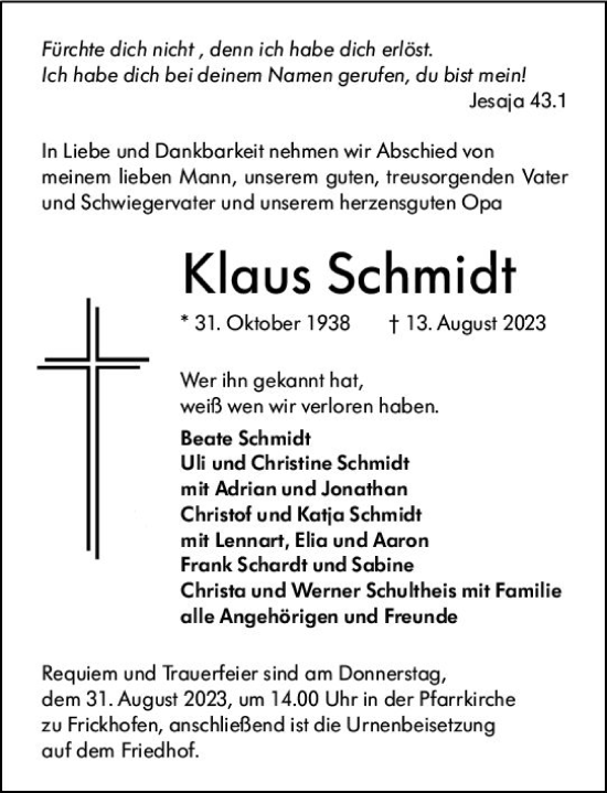 Traueranzeige von Klaus Schmidt von Nassauische Neue Presse