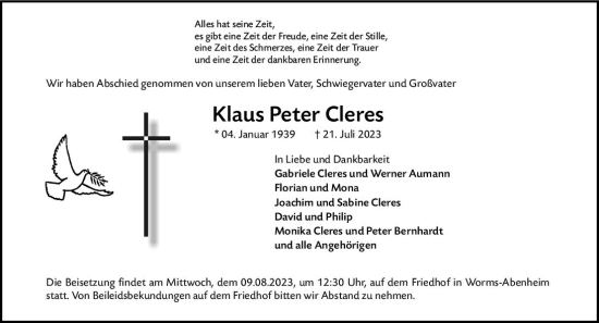 Traueranzeige von Klaus Peter Cleres von Wormser Zeitung