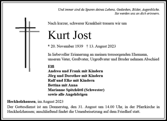 Traueranzeige von Kurt Jost von Weilburger Tageblatt