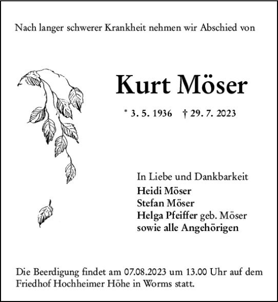 Traueranzeige von Kurt Möser von Wormser Zeitung