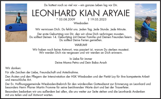 Traueranzeige von Leonhard Kian Aryaie von Wiesbadener Kurier