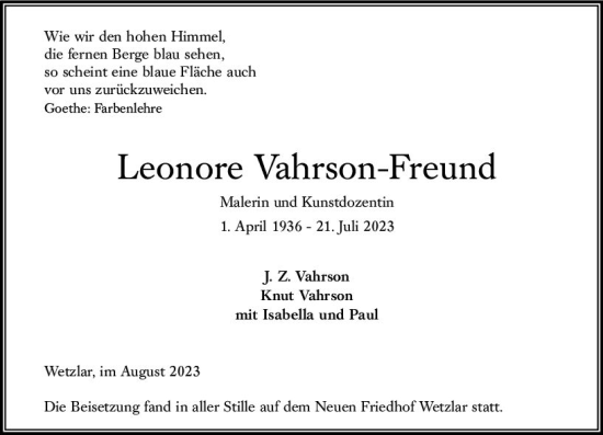 Traueranzeige von Leonore Vahrson-Freund von Wetzlarer Neue Zeitung