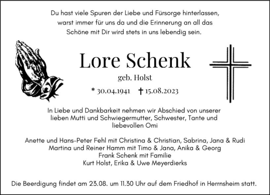 Traueranzeige von Lore Schenk von Wormser Zeitung