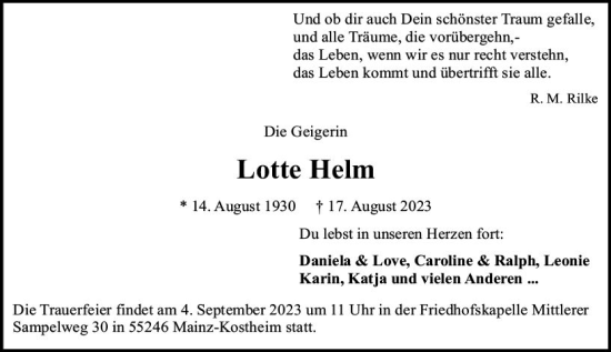 Traueranzeige von Lotte Helm von Allgemeine Zeitung Mainz