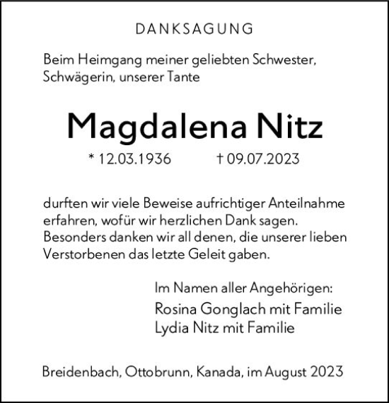 Traueranzeige von Magdalena Nitz von Hinterländer Anzeiger