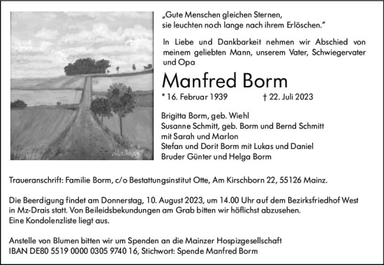 Traueranzeige von Manfred Borm von Allgemeine Zeitung Mainz