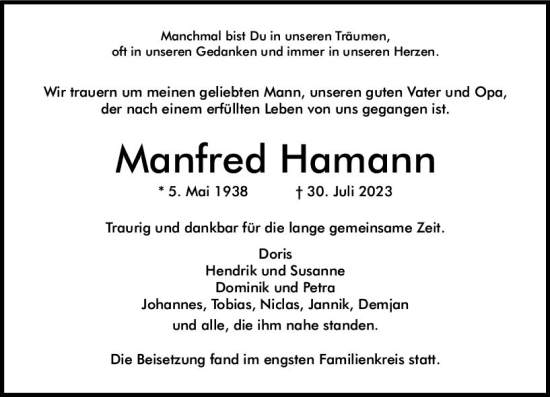Traueranzeige von Manfred Hamann von Allgemeine Zeitung Mainz