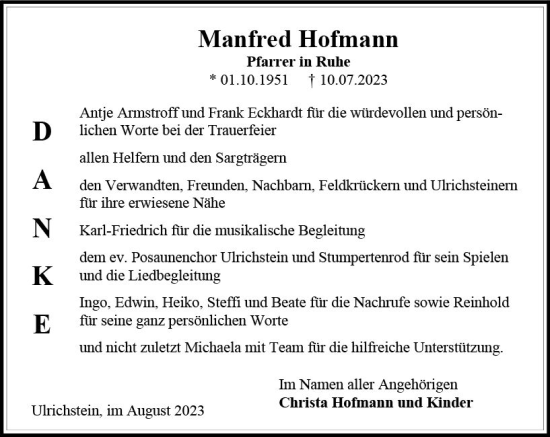 Traueranzeige von Manfred Hofmann von Oberhessen Kurier