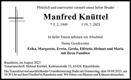 Traueranzeige von Manfred Knüttel von Rüsselsheimer Echo