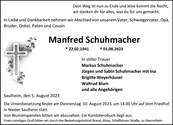 Traueranzeige von Manfred Schuhmacher von Allgemeine Zeitung Alzey