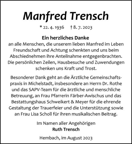 Traueranzeige von Manfred Trensch von Odenwälder Echo