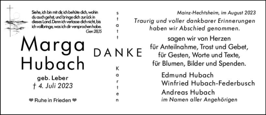 Traueranzeige von Marga Hubach von Allgemeine Zeitung Alzey