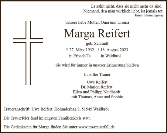 Traueranzeige von Marga Reifert von Camberger Anzeiger