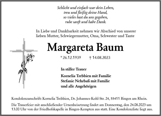 Traueranzeige von Margareta Baum von Allgemeine Zeitung Bingen/Ingelheim