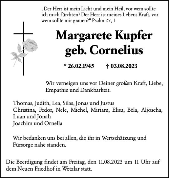 Traueranzeige von Margarete Kupfer von Wetzlarer Neue Zeitung
