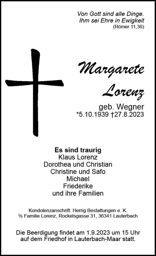 Traueranzeige von Margarete Lorenz von VRM Trauer