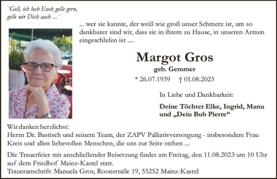 Traueranzeige von Margot Gros von Allgemeine Zeitung Mainz