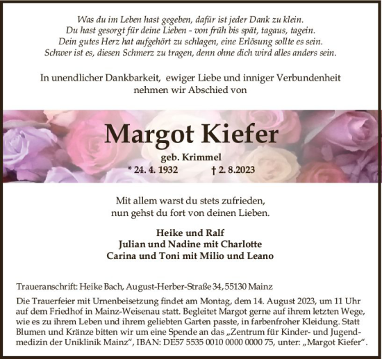 Traueranzeige von Margot Kiefer von Allgemeine Zeitung Mainz