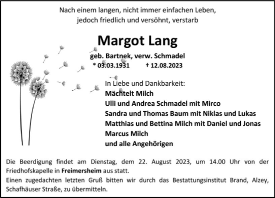 Traueranzeige von Margot Lang von Allgemeine Zeitung Alzey