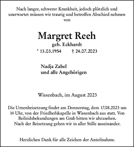 Traueranzeige von Margret Rech von Dill Block