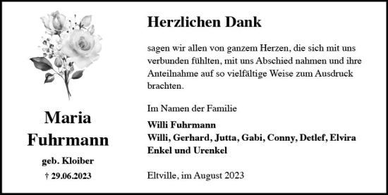 Traueranzeige von Maria Fuhrmann von Rheingau Kurier