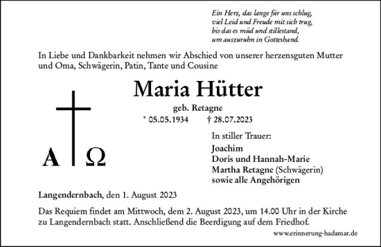 Traueranzeige von Maria Hütter von Nassauische Neue Presse