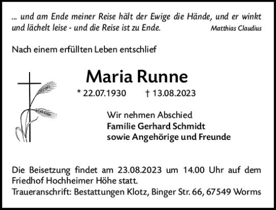 Traueranzeige von Maria Runne von Wormser Zeitung