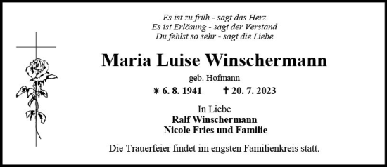 Traueranzeige von Maria Luise Winschermann von Allgemeine Zeitung Mainz