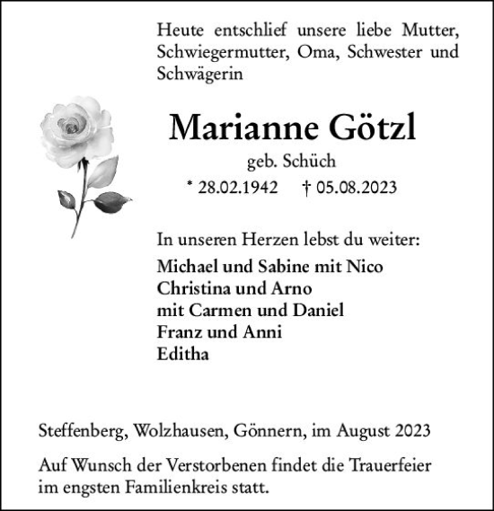 Traueranzeige von Marianne Götzl von Hinterländer Anzeiger
