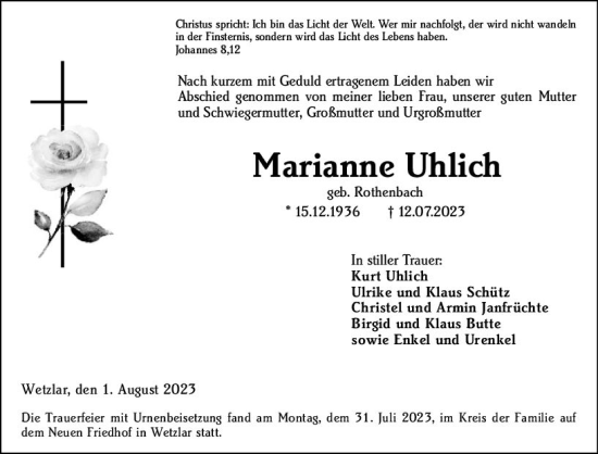 Traueranzeige von Marianne Uhlich von Wetzlarer Neue Zeitung