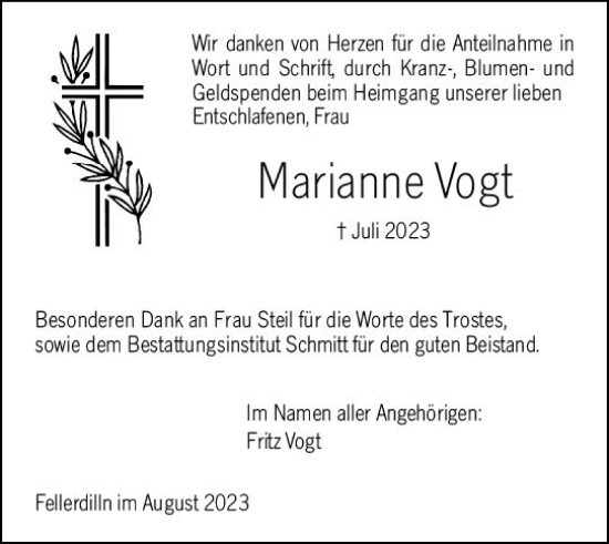 Traueranzeige von Marianne Vogt von Dill Block