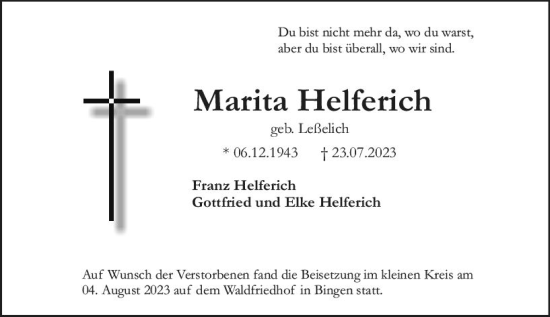 Traueranzeige von Marita Helferich von Allgemeine Zeitung Bingen/Ingelheim