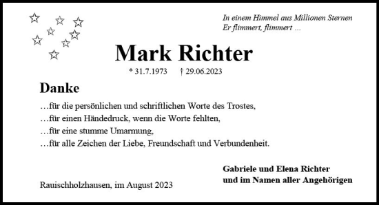 Traueranzeige von Mark Richter von Hinterländer Anzeiger