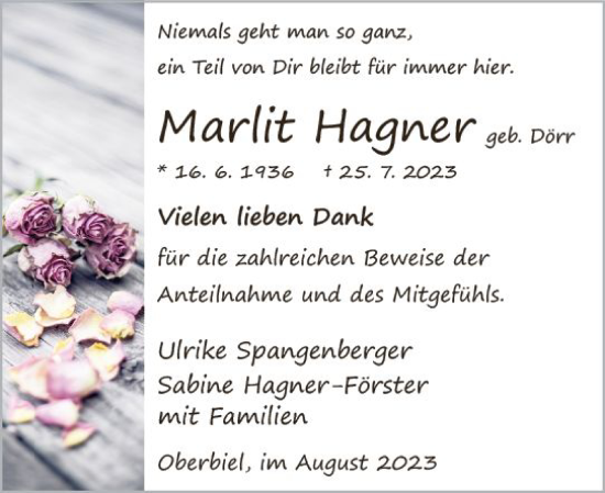 Traueranzeige von Marlit Hagner von Wetzlarer Neue Zeitung