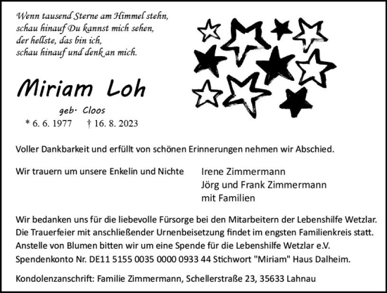 Traueranzeige von Miriam Loh von Wetzlarer Neue Zeitung