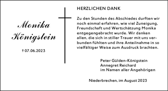 Traueranzeige von Monika Königstein von Nassauische Neue Presse