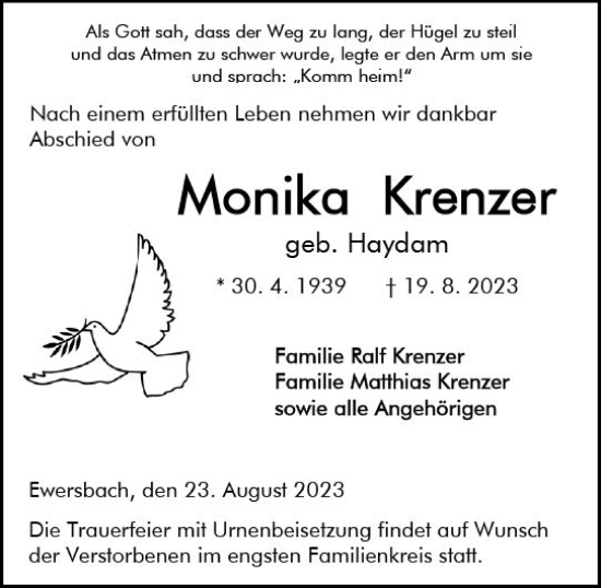 Traueranzeige von Monika Krenzer von Dill Block
