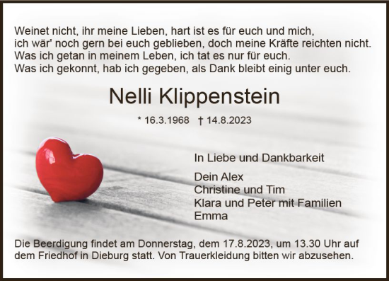 Traueranzeige von Nelli Klippenstein von Dieburger Anzeiger/Groß-Zimmerner Lokal-Anzeiger