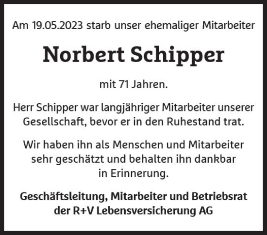 Traueranzeige von Norbert Schipper von Wiesbadener Kurier