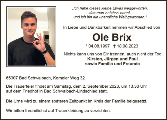 Traueranzeige von Ole Brix von Idsteiner Land/Untertaunus