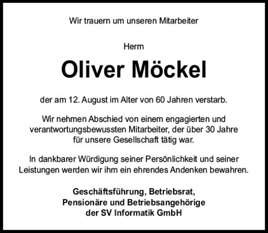Traueranzeige von Oliver Möckel von Wiesbadener Kurier