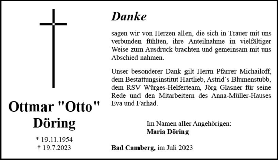 Traueranzeige von Ottmar  Döring von Camberger Anzeiger