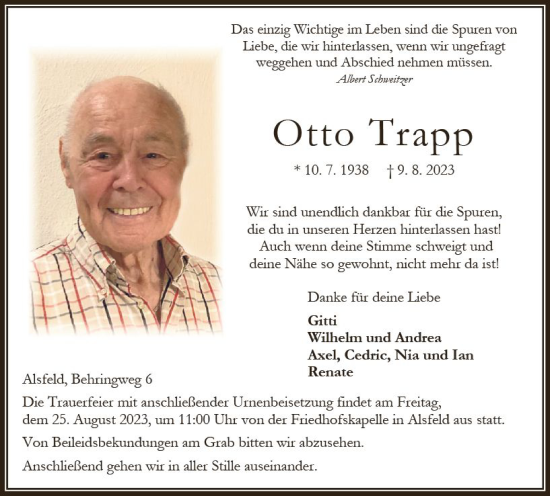 Traueranzeige von Otto Trapp von Oberhessen Kurier
