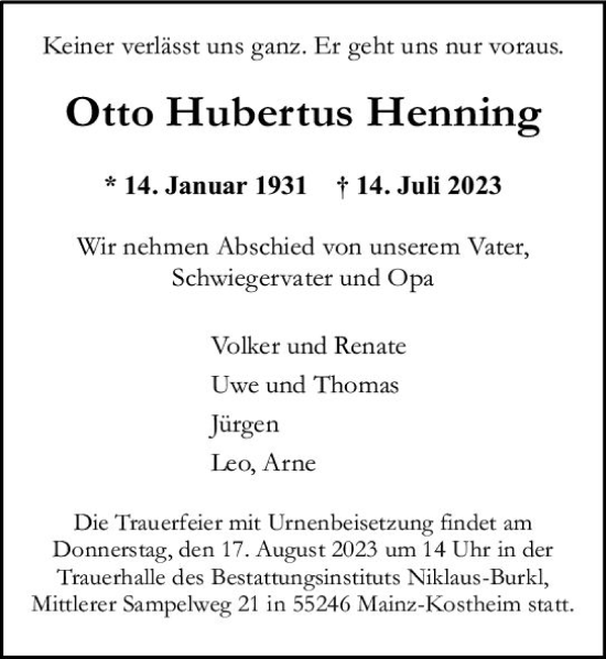 Traueranzeige von Otto Hubertus Henning von Wiesbadener Kurier