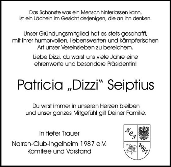 Traueranzeige von Patricia  Seiptius von Allgemeine Zeitung Bingen/Ingelheim