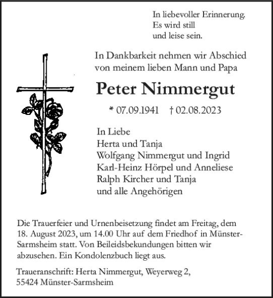 Traueranzeige von Peter Nimmergut von Allgemeine Zeitung Bingen/Ingelheim