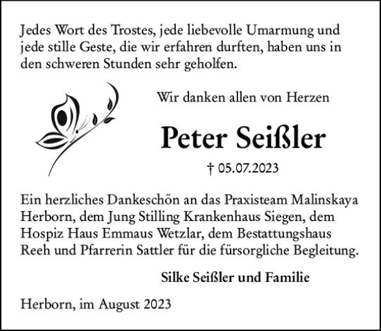 Traueranzeige von Peter Seißler von Dill Block