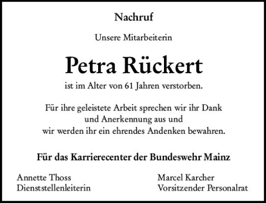 Traueranzeige von Petra Rückert von Wiesbadener Kurier